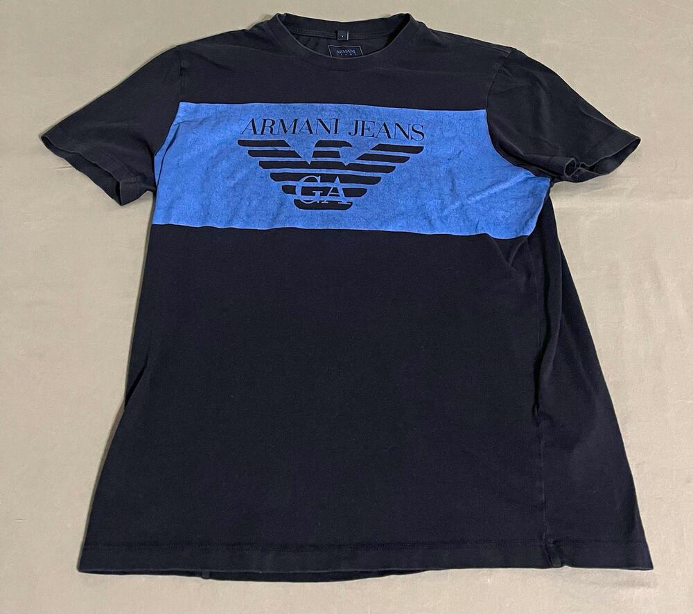 Armani Jeans Mens Large T-Shirt Navy Blue GA Eagle Logo Block Tee Regular